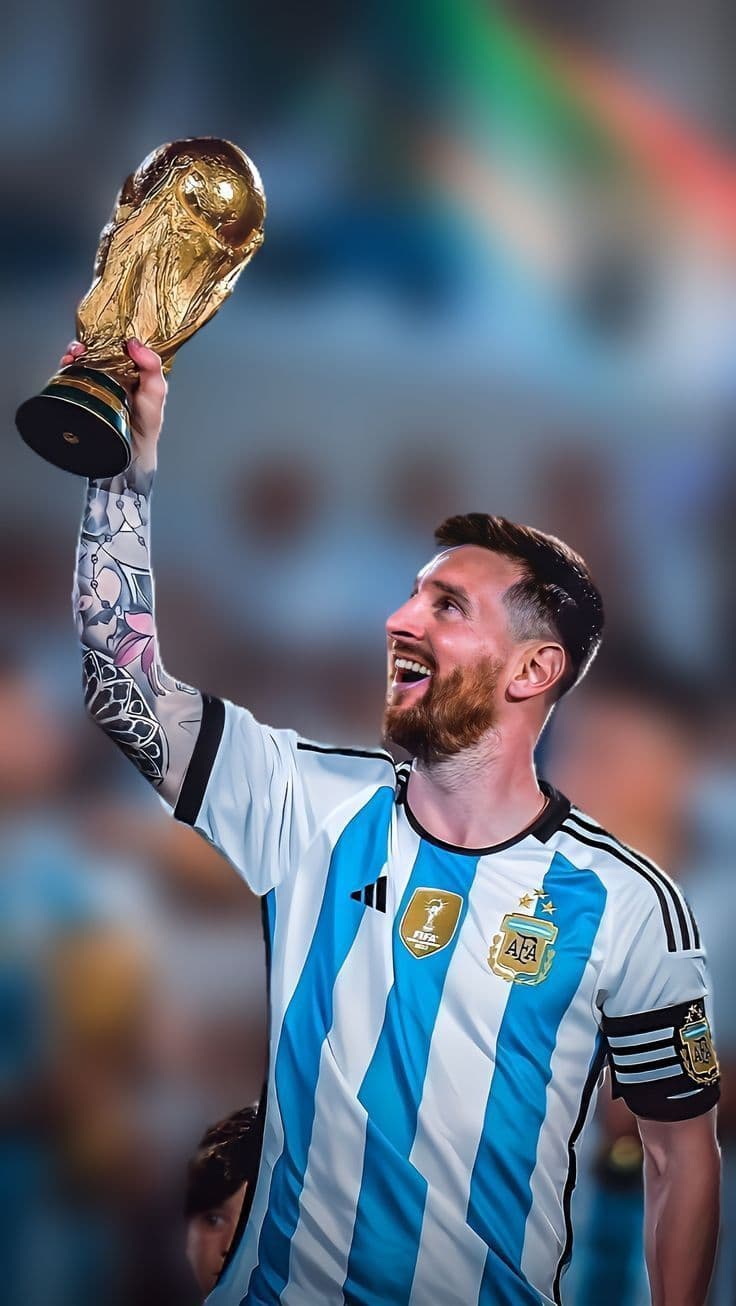 Lionel Messi holding the World Cup trophy